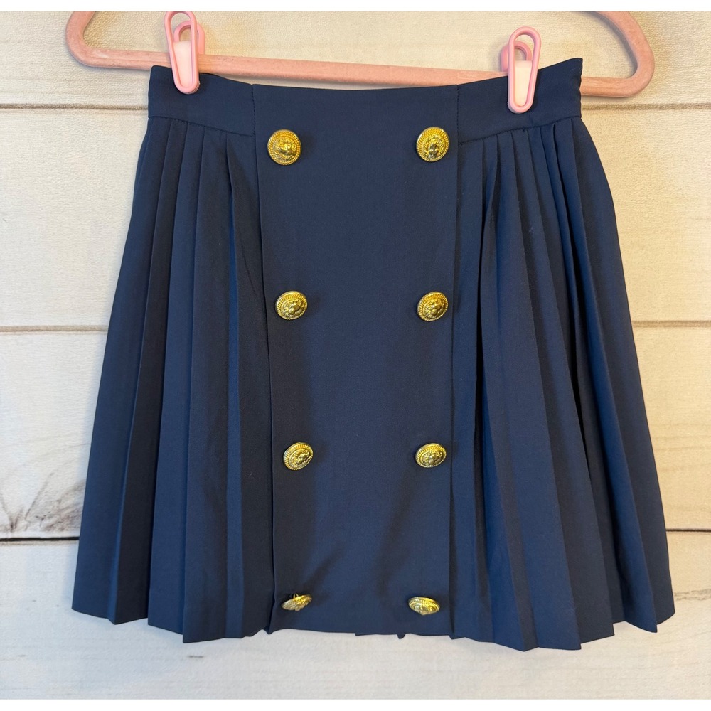 Hutch Navy Blue Pleated Mini Skirt Gold Lion Head Buttons Nautical Preppy XS